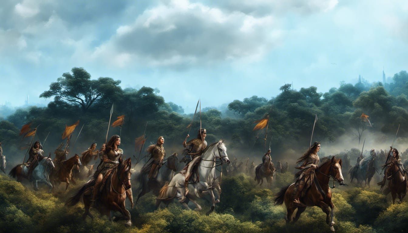 550 BCE Amazon female Calvary preparing for battle under a b...
