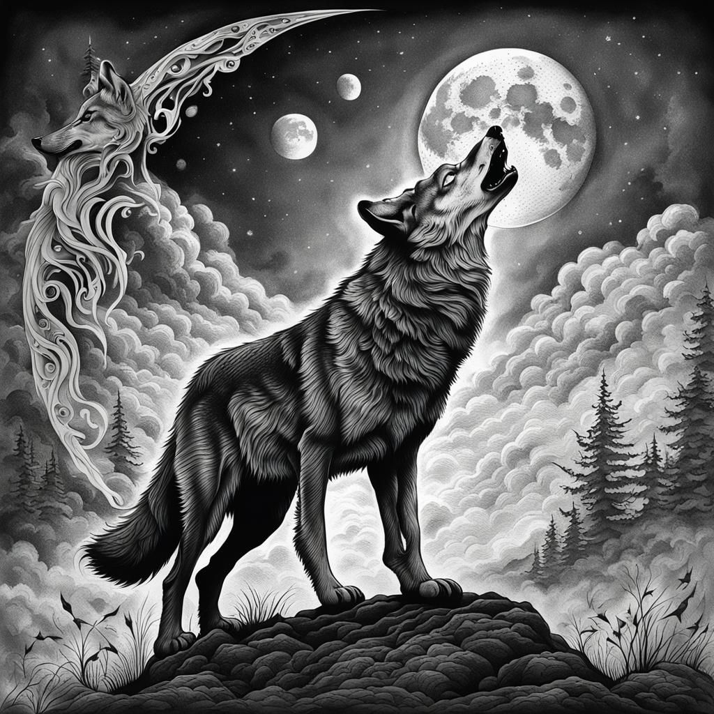 tattoo of a wolf howling at the moon, highly detailed, black...