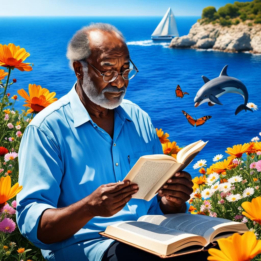 man reading a book among the flowers. It is a very beautiful...