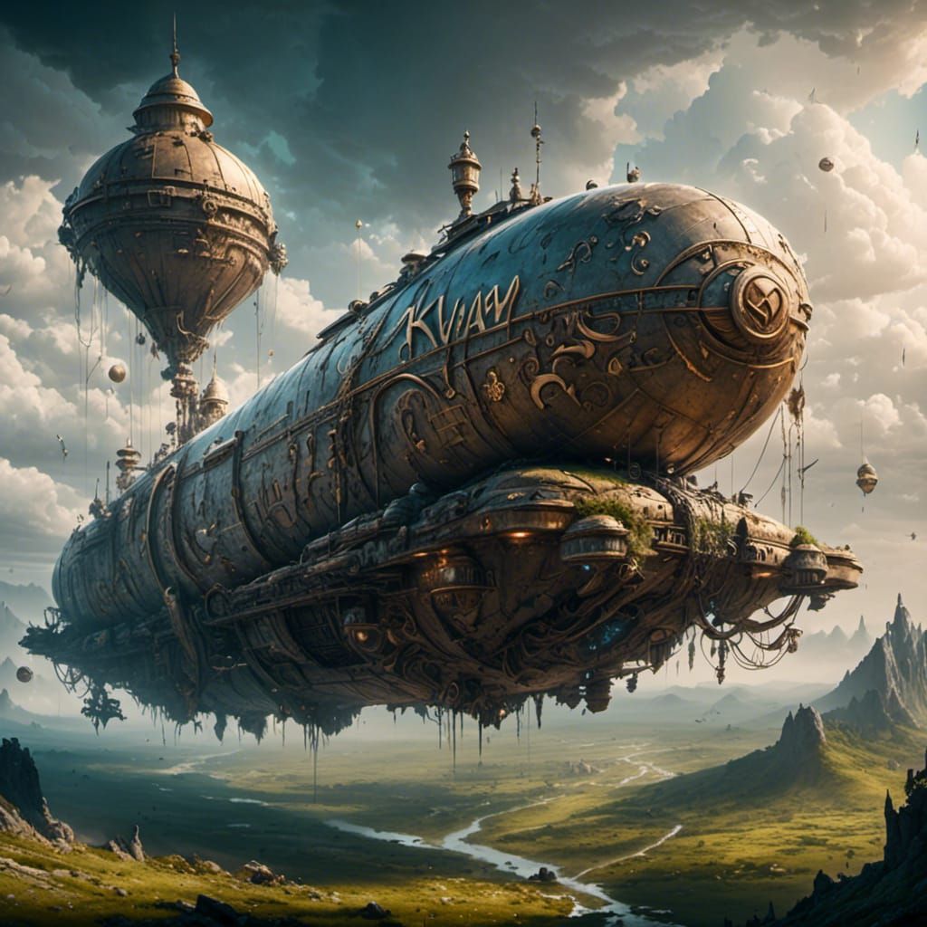 Airship Over Mountains with Glowing Runes