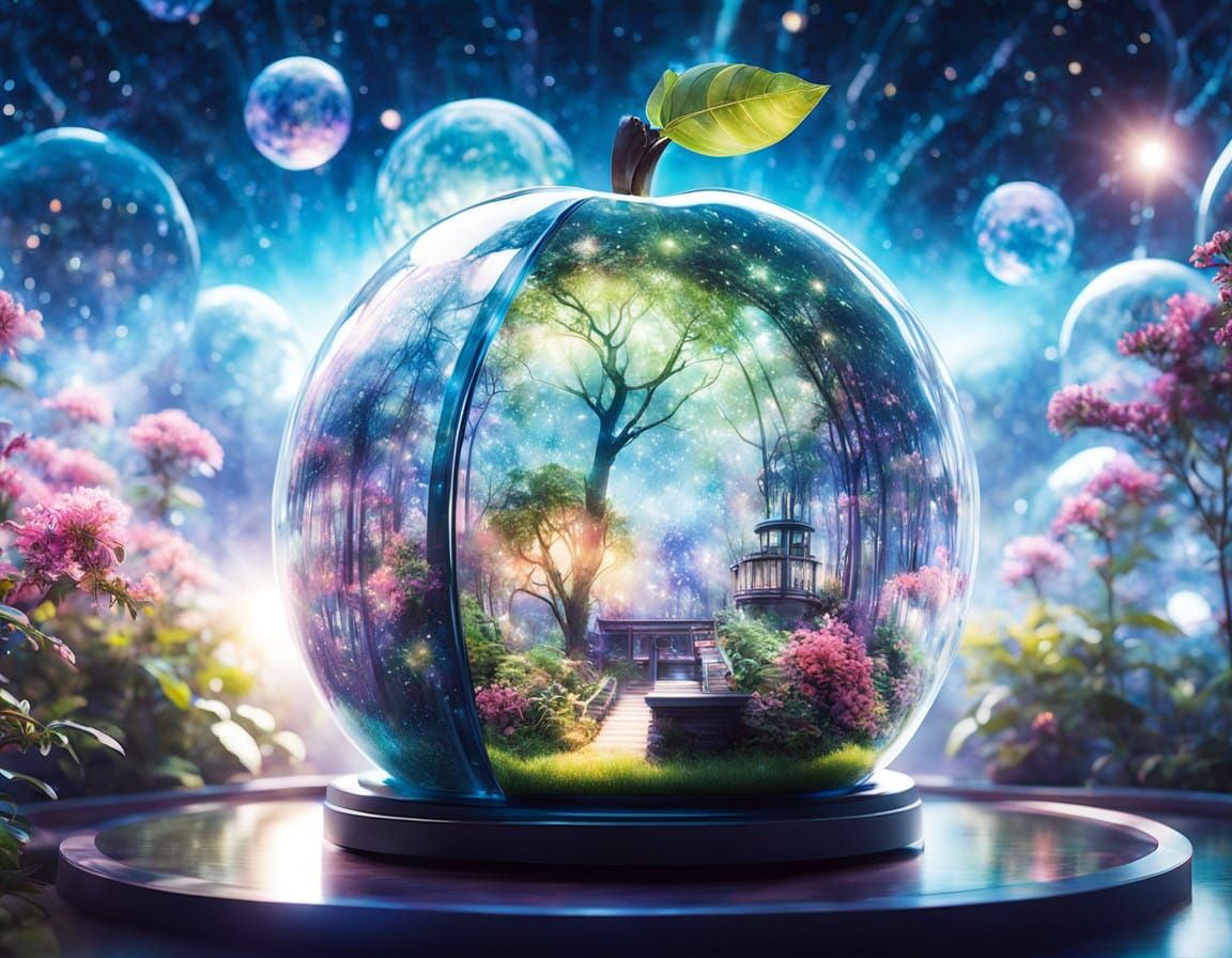 Elegant Cinematic Garden Scene Inside a Glowing Glass Apple
