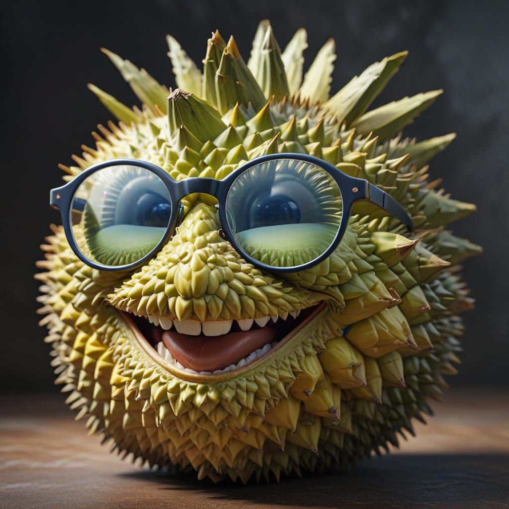 portrait of a smiling Durian fruit with round glasses intricately detailed 8K 3D   by @Athanasius