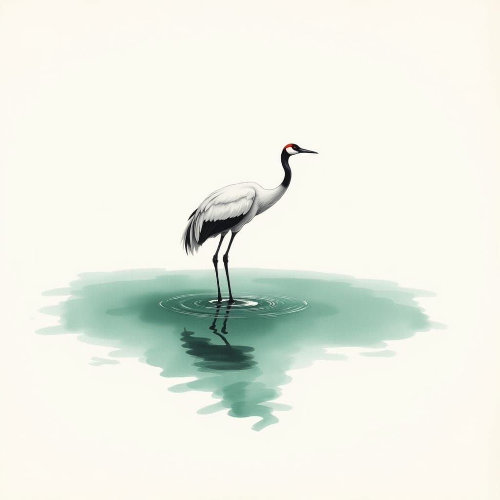 A lone red-crowned crane in a shallow jade-tinted pond, standing still with one leg raised. The body is ink-washed, but the crown has a soft...