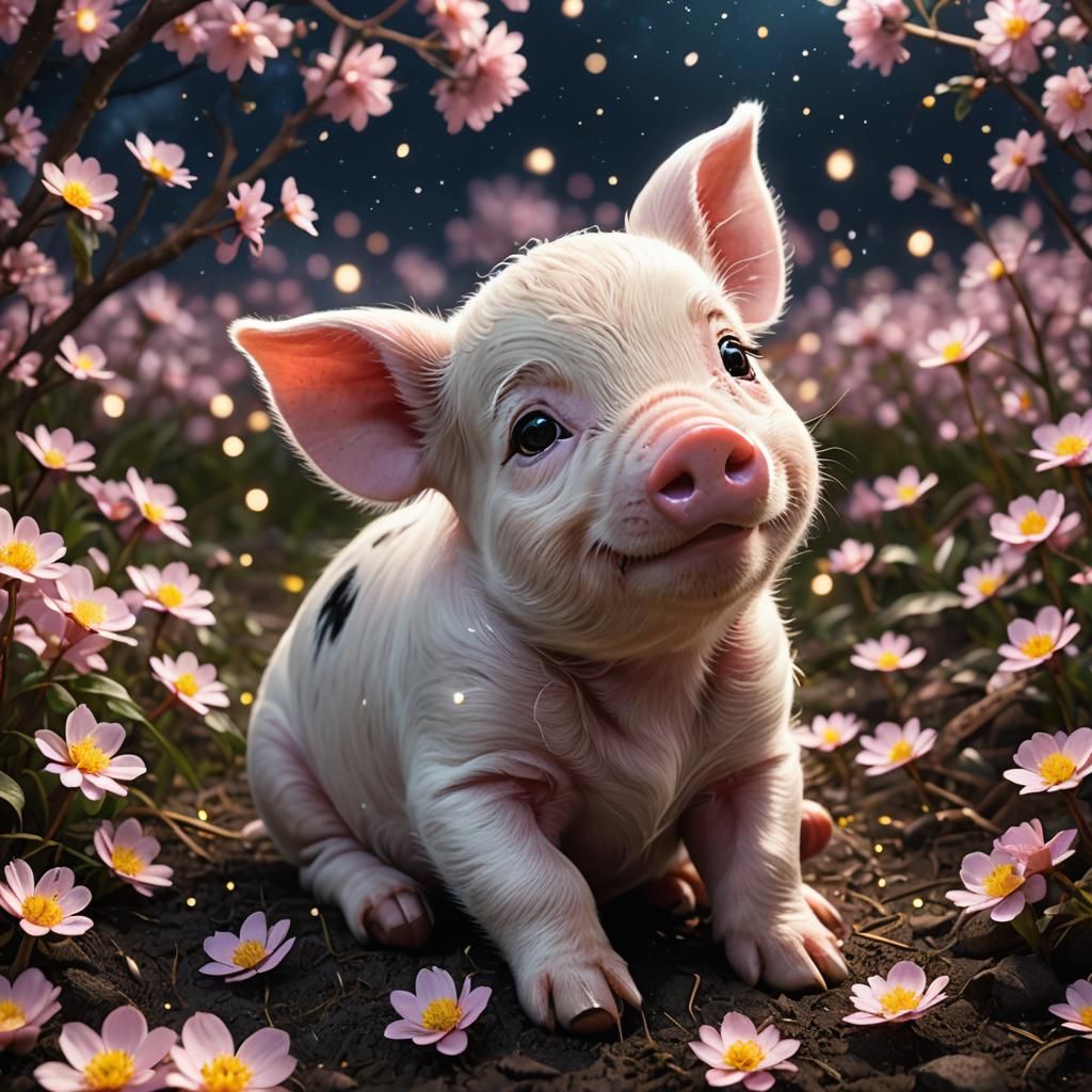 A hyper-realistic digital artwork of an adorable cute piglet sitting on the ground, looking happy and ...  by @NekoNesto