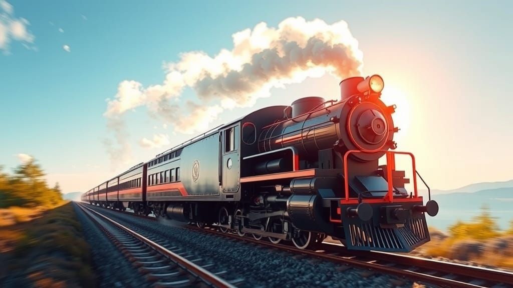 close up of the front of a  Locomotive moving fast down the tracks on a clear blue sky day art deco Pino Daeni hudson river school pointilli...