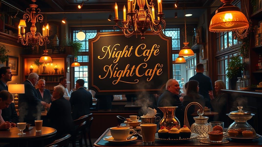 A cozy cafe with warm lighting and people mingling, freshly brewed drinks, and a chalkboard menu with ...  by @Ed Evans