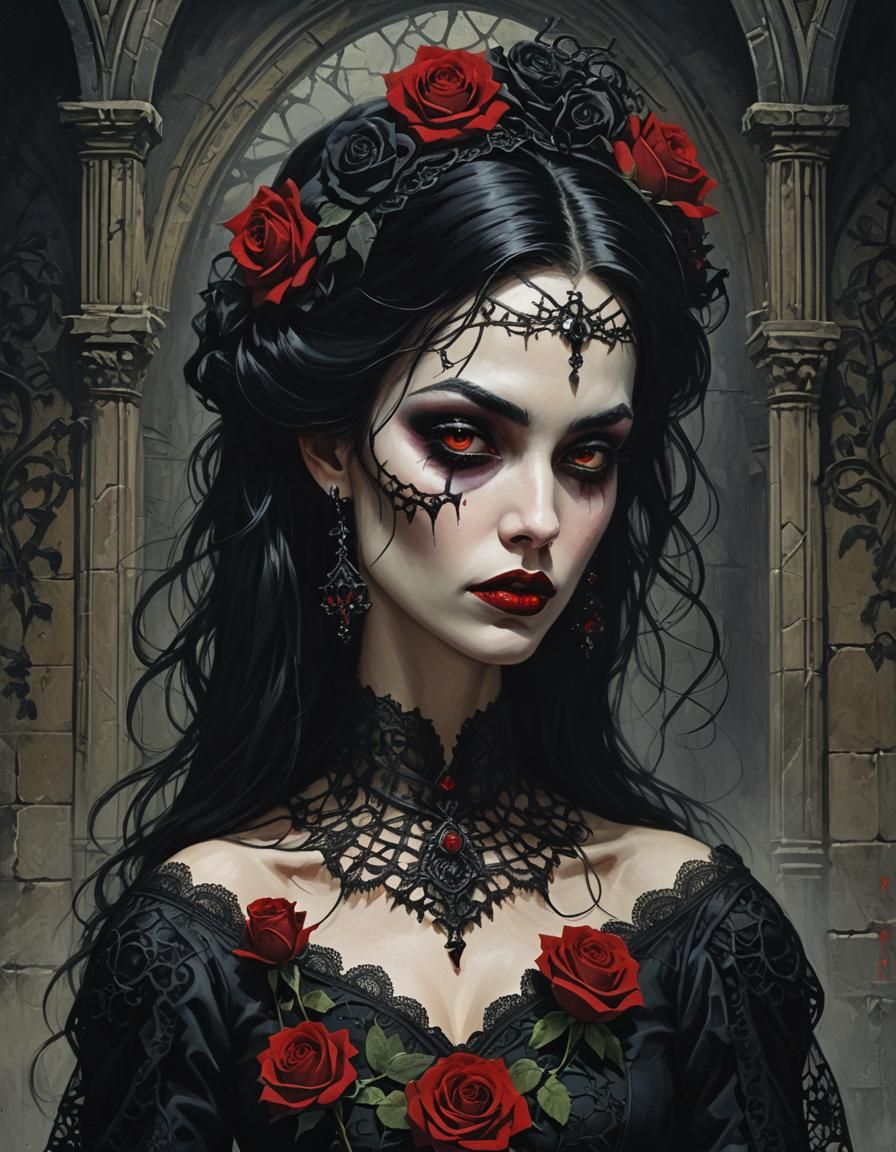 gothic vampire black hair red lips princess black lace roses dark crypt ...