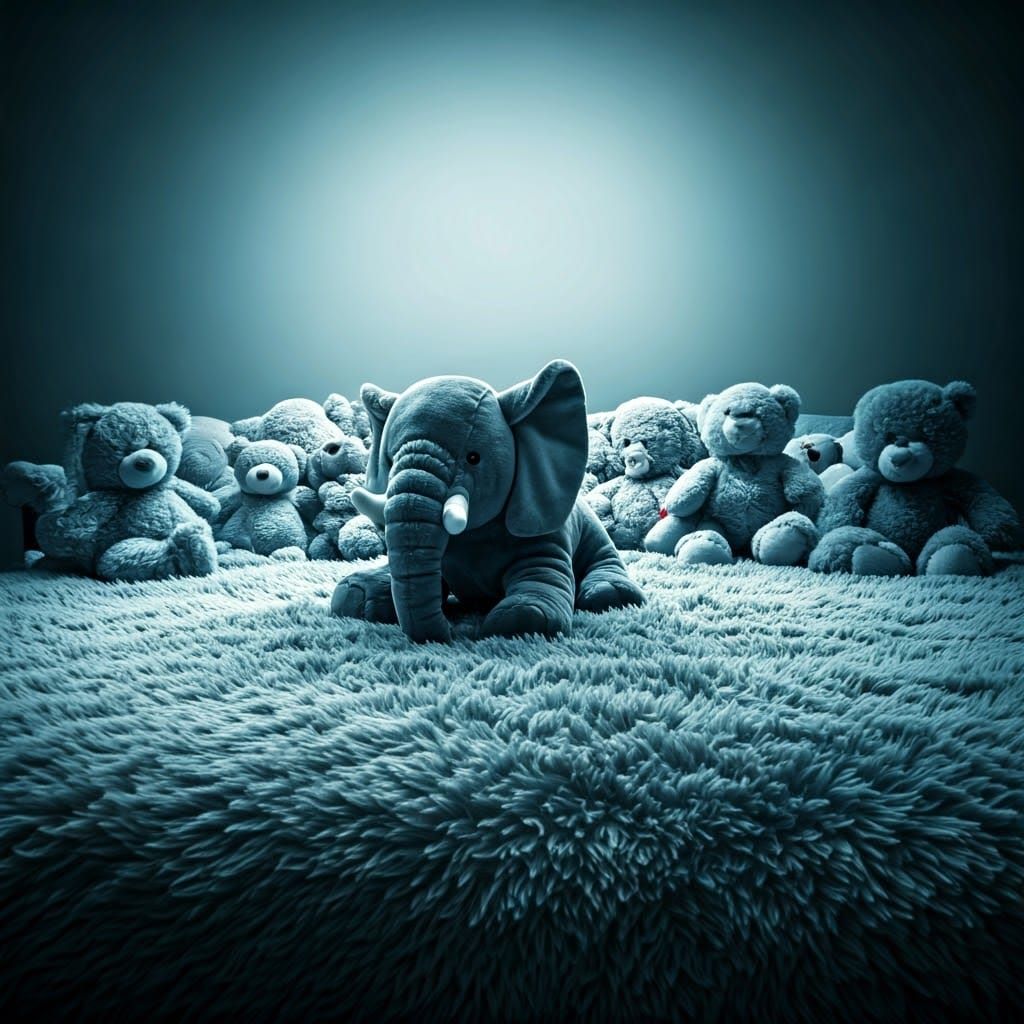 Elephant Plushie Amidst a Sea of Soft Toys in Soothing Blue ...