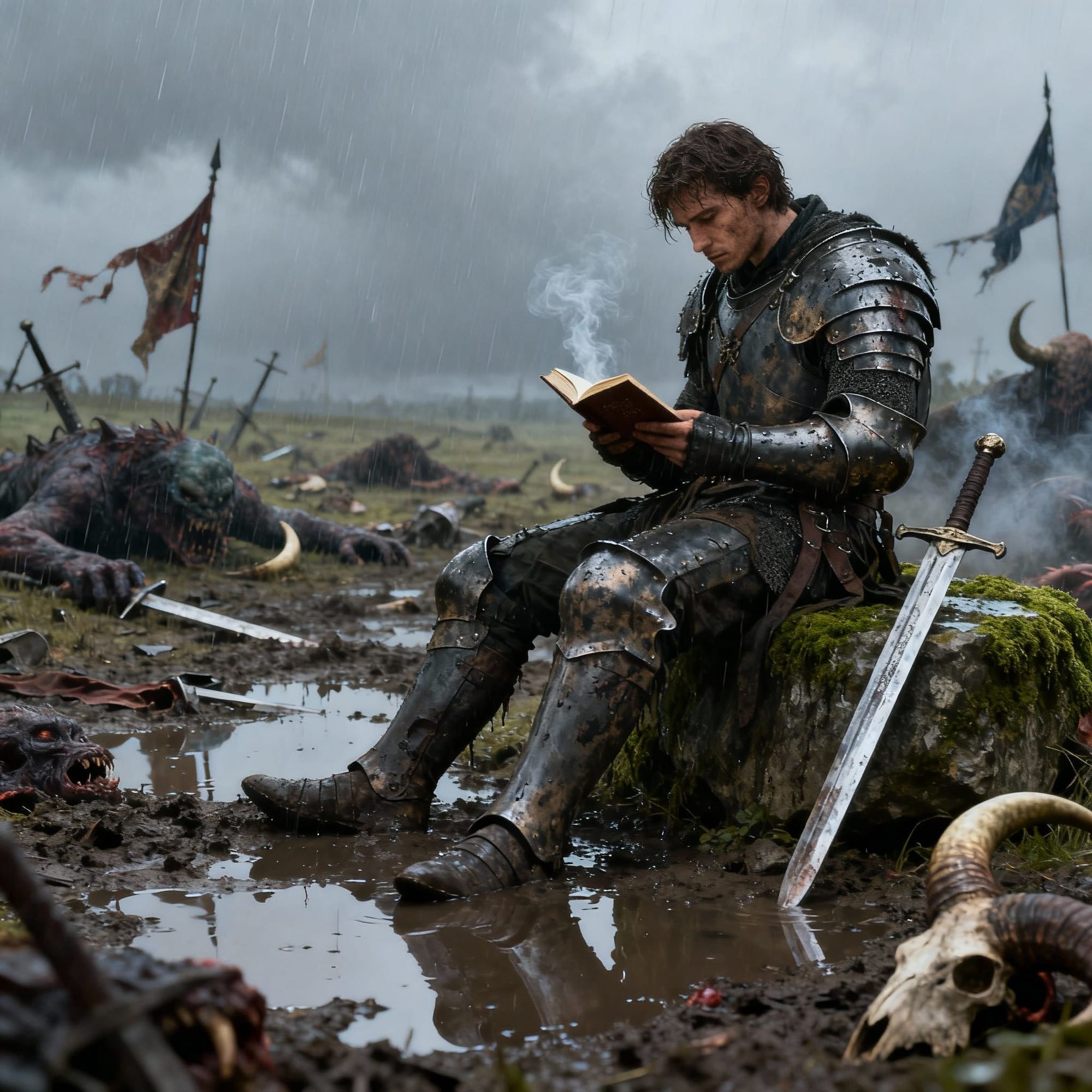 A calm, cinematic fantasy scene after a brutal battle — in the middle of a muddy battlefield stands a wet, mossy stone. On this stone sits a...