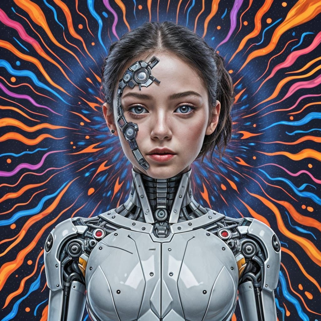 Victorious Half-Robot Girl After War Against Evil