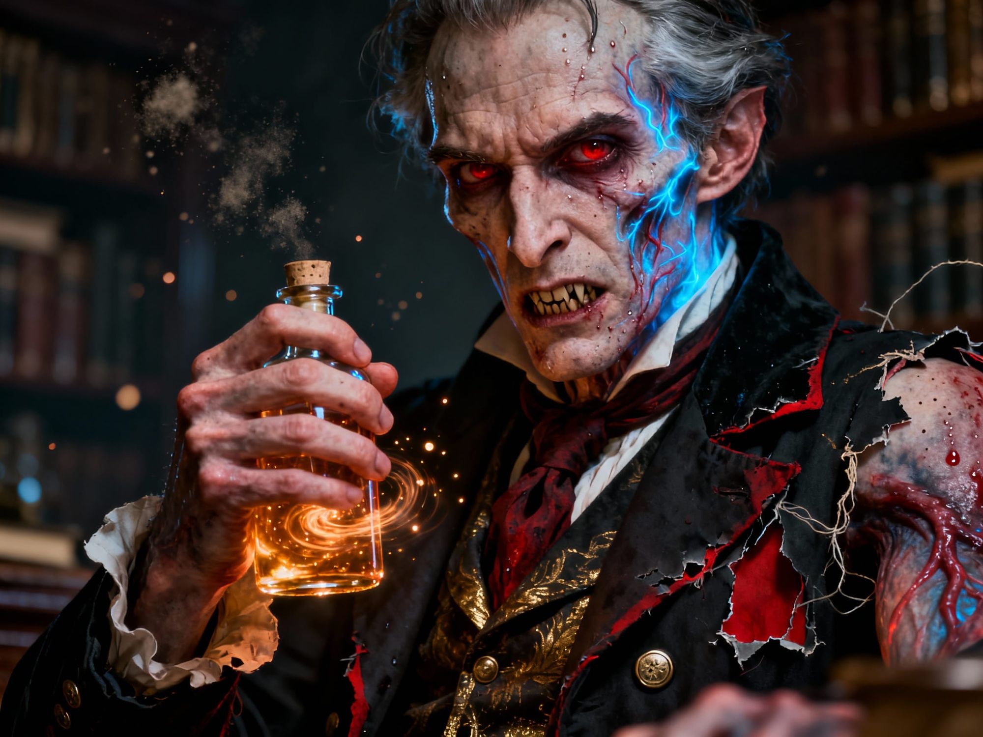photo realistic, 8k resolution, a masterpiece, close up portrait of doctor jeckle, drinking his potion and turning into Mr. Hyde. 