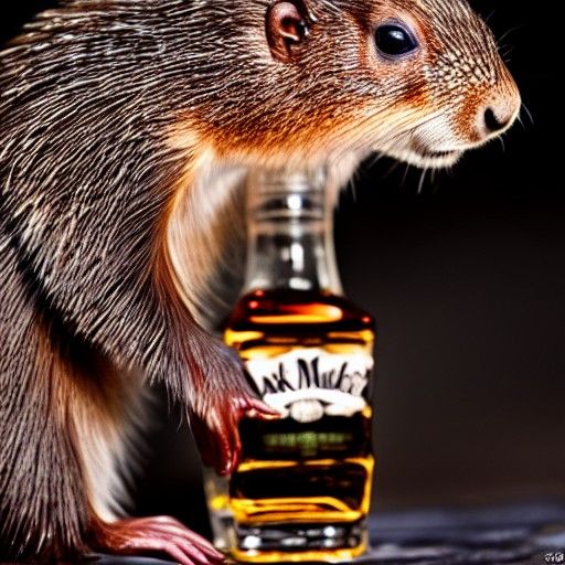 photograph of a cute baby marmot drinking a jack daniels whi...