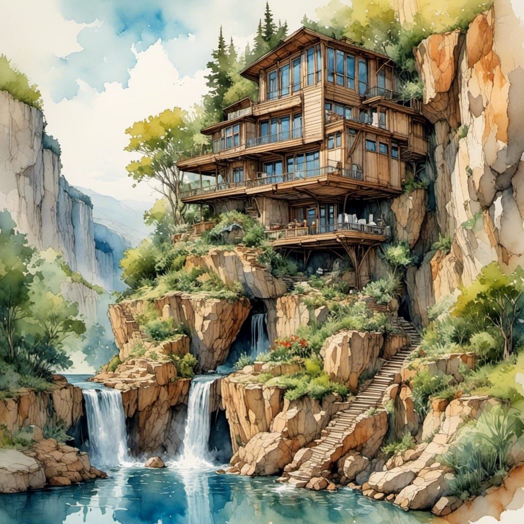 <lora:Caffeine Fuelled:1.0>  A stunning scene of an incredible impossible architecturally designed cliffside house on the edge of a beautifu...