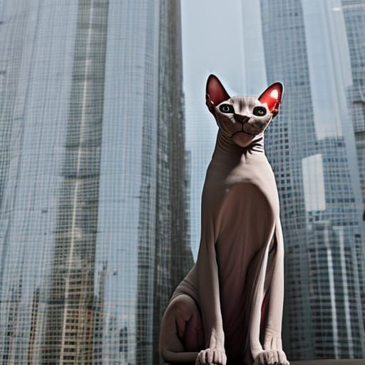 Sphynx cat by skyscrapers