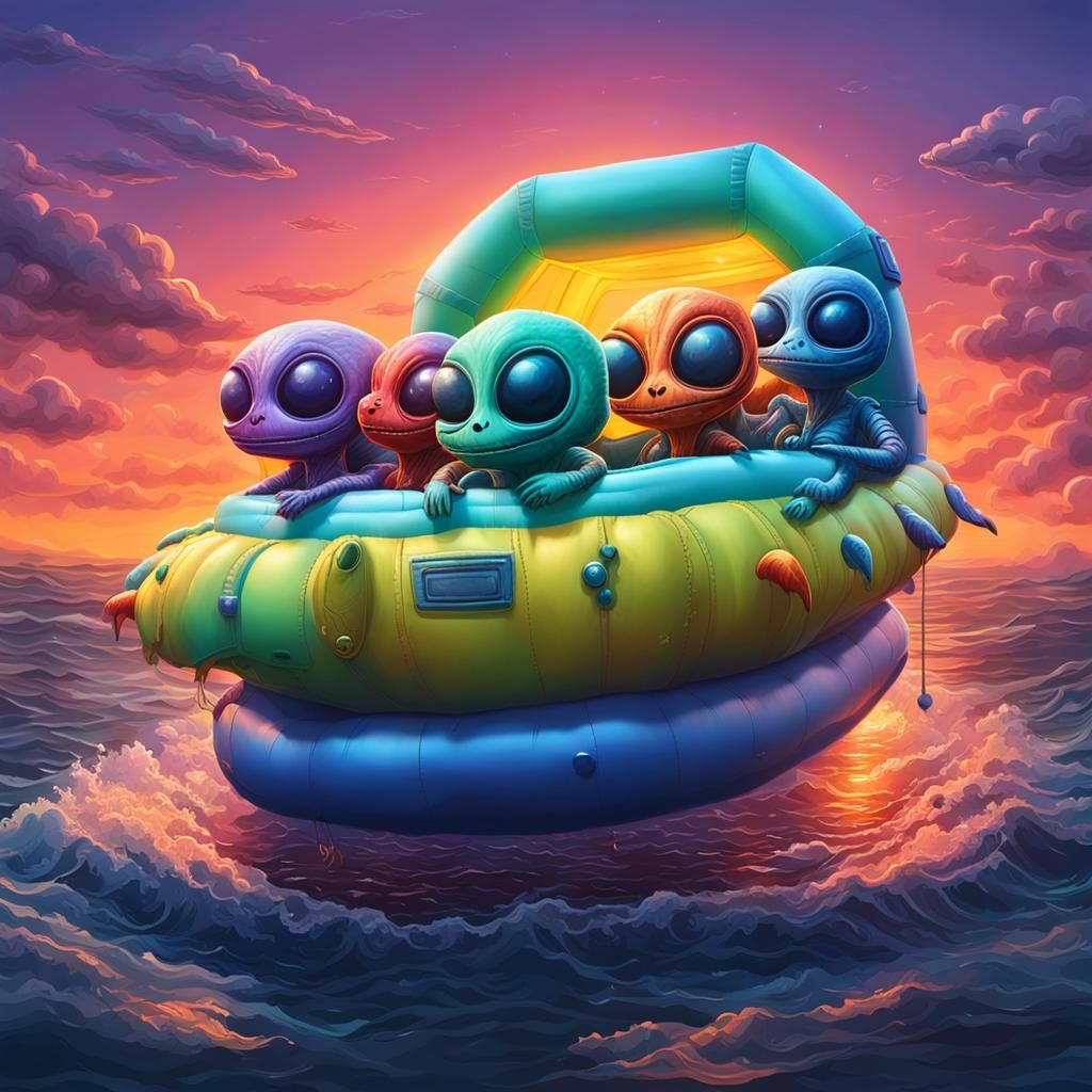 Cute aliens are sitting inside an inflatable life boat. Floa...