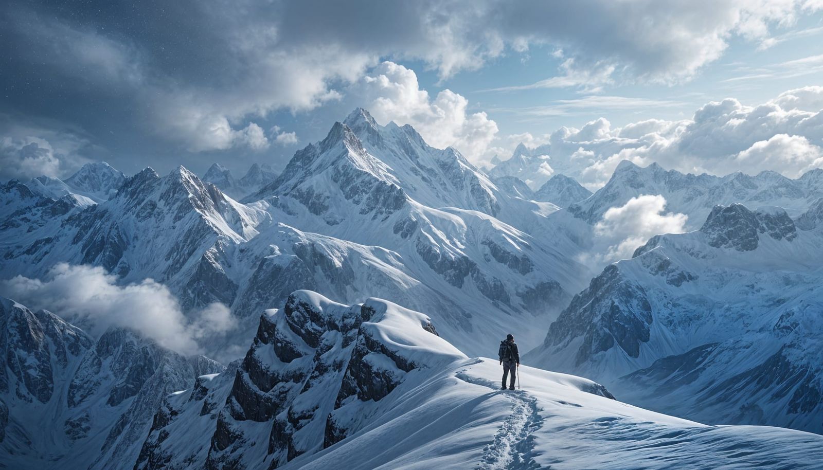 A lone hiker stands on a jagged ridge, gazing out at an endless expanse of the Swiss Alps. Jagged, snow-covered ...  by @Virtue_Knight777