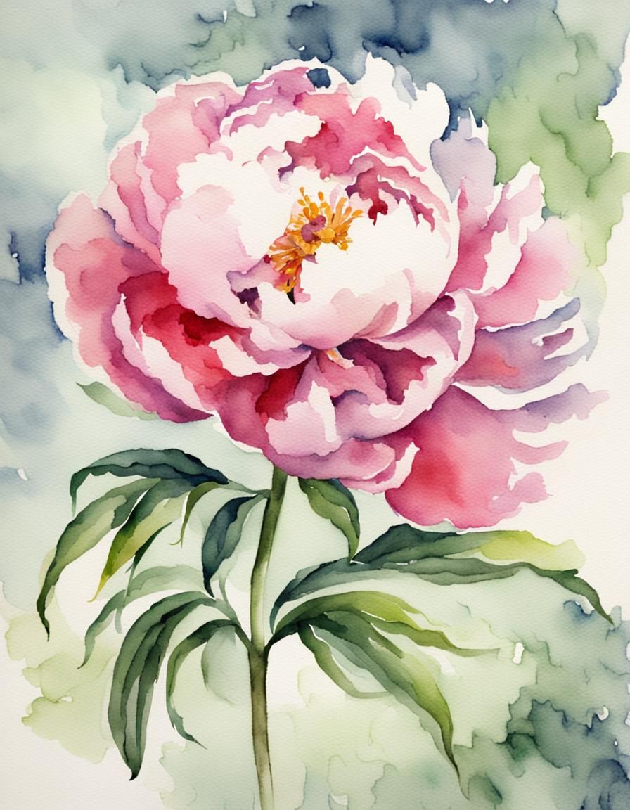 watercolor, one single peony flower