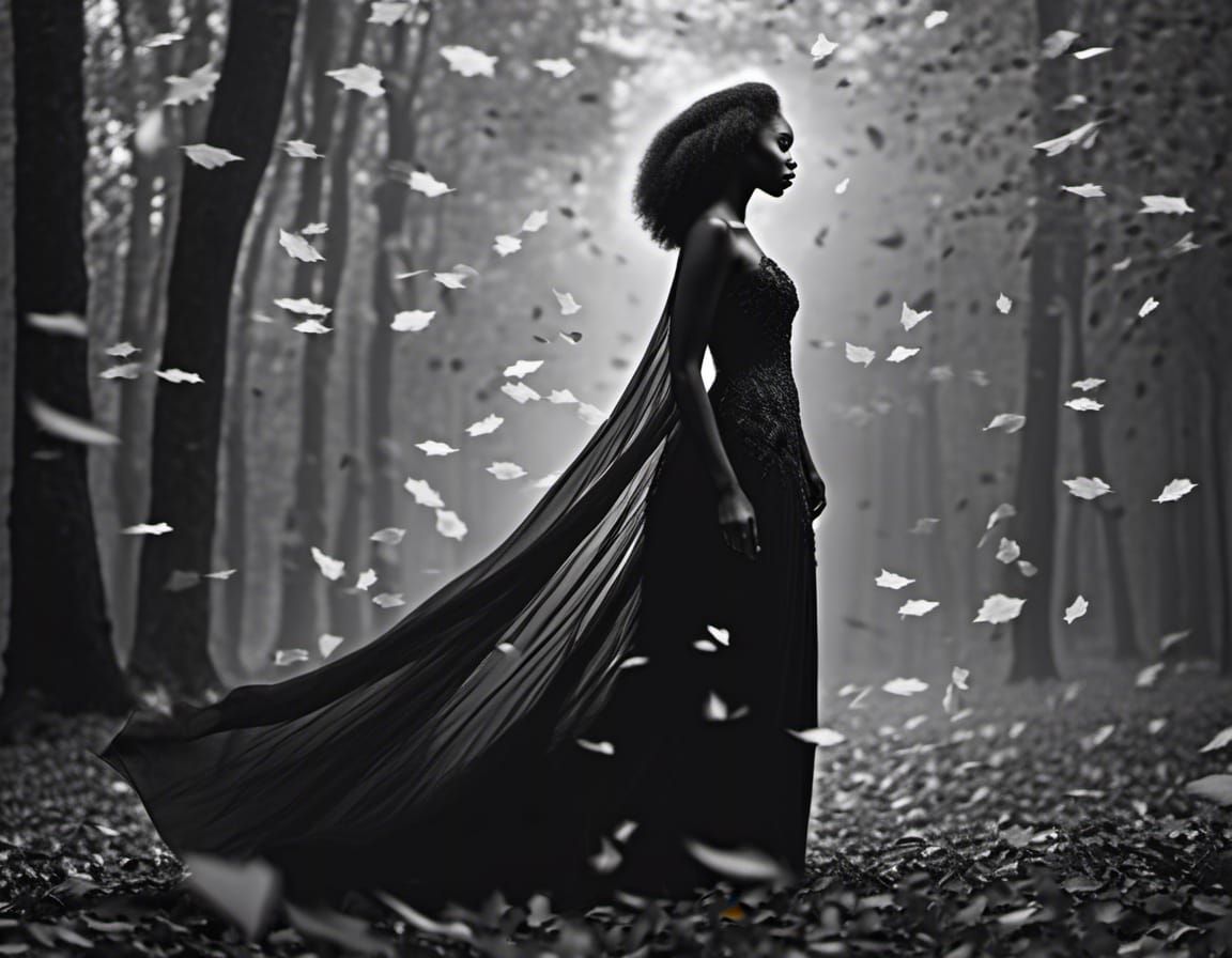 Black and white photo of a woman in a dress standing in the forest in a windstorm with leaves swirling all around.  Dark skin, long dress, b...