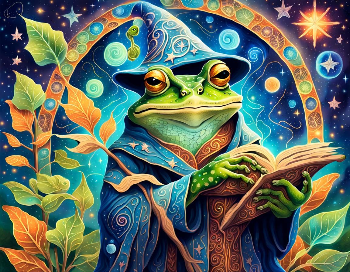 A whimsical wise old wizard frog
