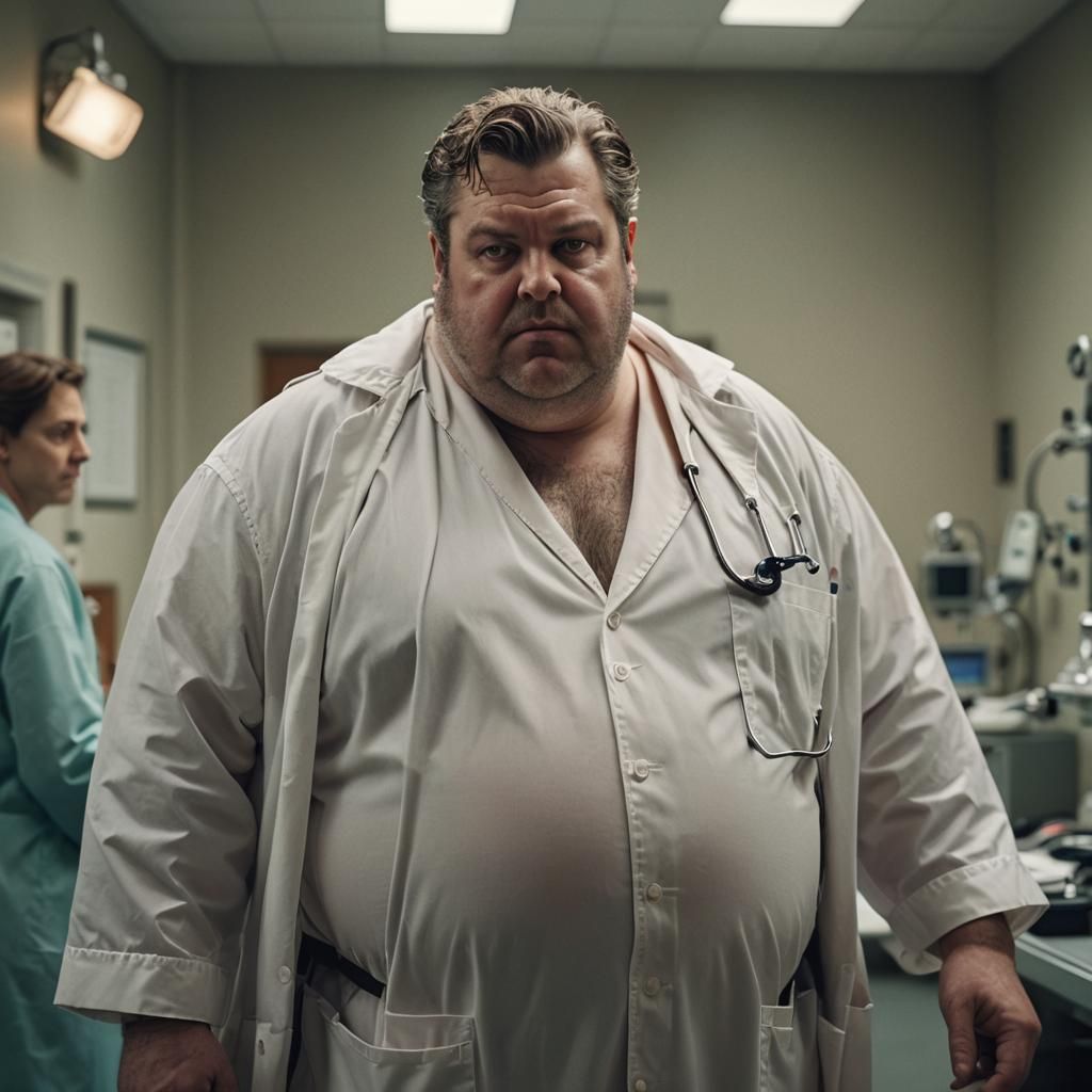 Hyperrealistic image of a shirtless very fat doctor wearing ...