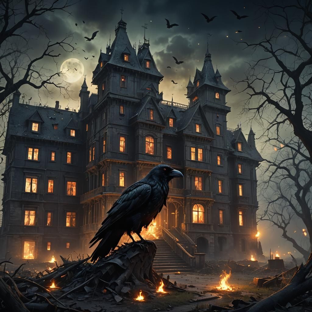 Night. Abandoned manor. Dark chaman sorcerer with fire eyes....