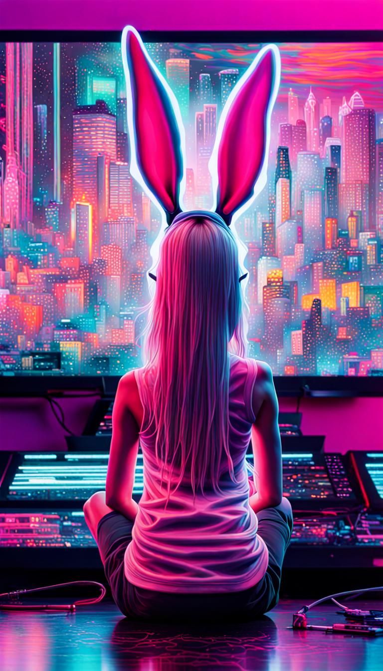 Cyber rabbit girl on a big tv screen, glitching ,vaporwave 80's 90's