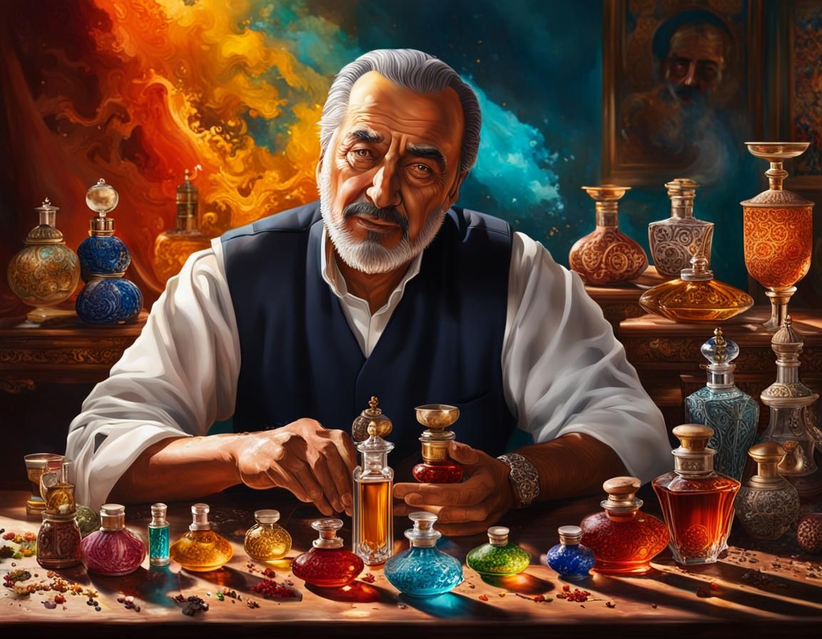 A Turk Master perfumer and his work sitting at a large table