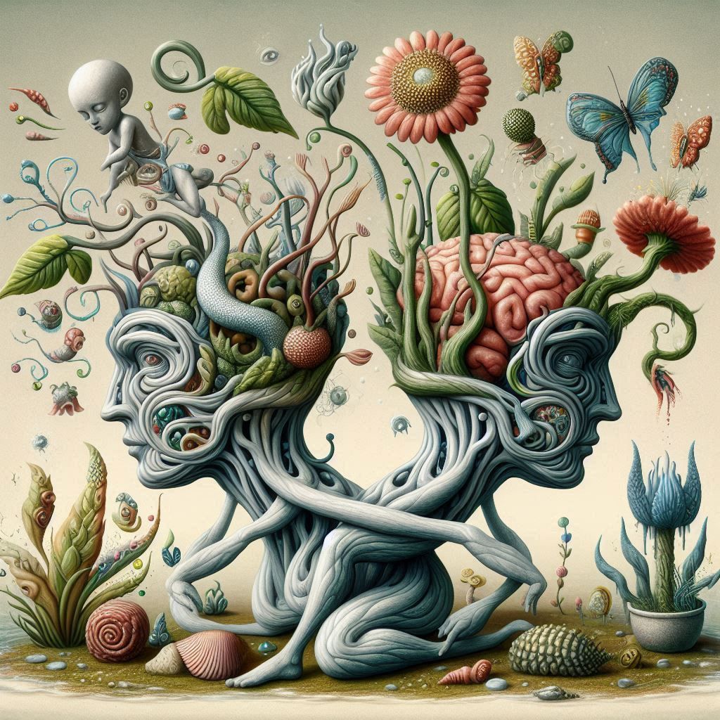 A surreal garden party with whimsical sculptures and strange creatures. The image depicts two intertwined figures reveal...