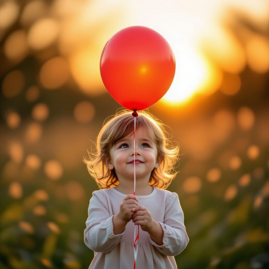 Child with Red Balloon at Sunset in Painterly Style