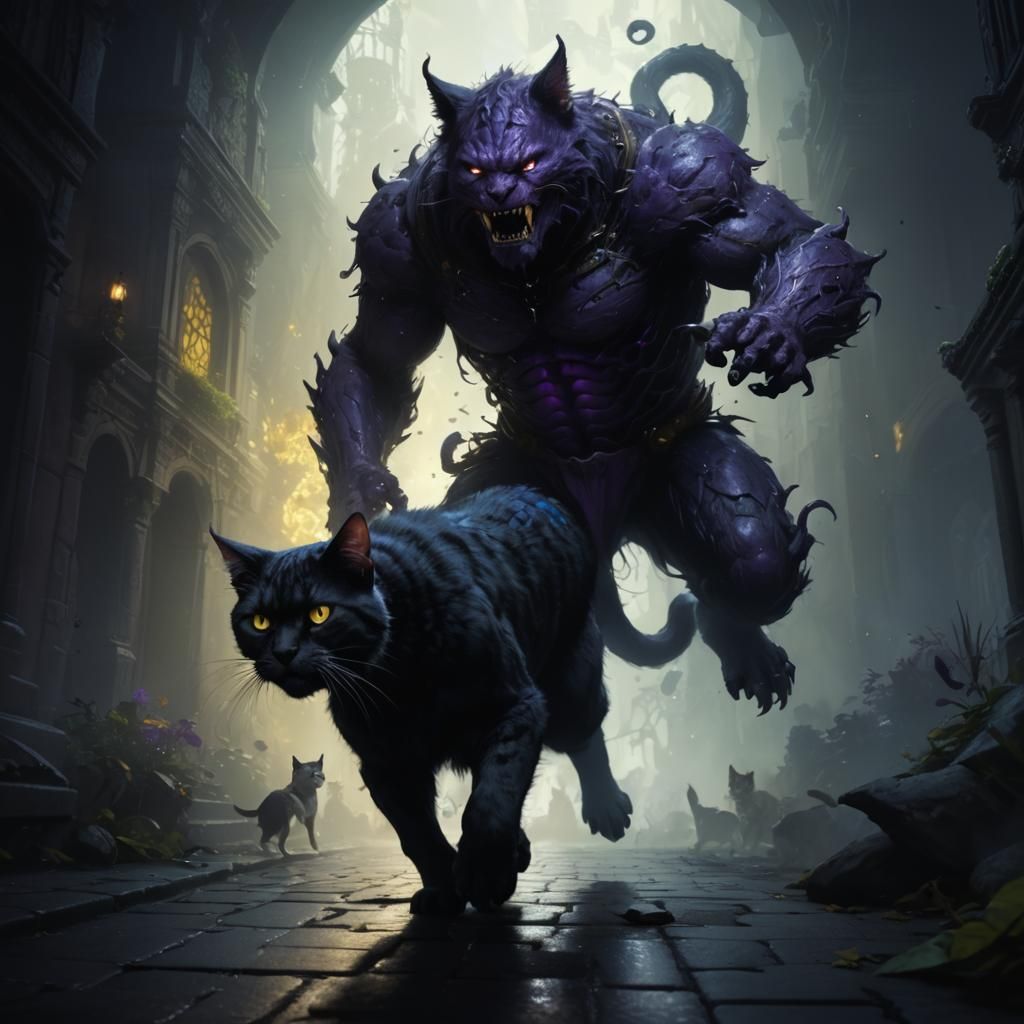 A monster is running away from a cat. a masterpiece, 8k reso...