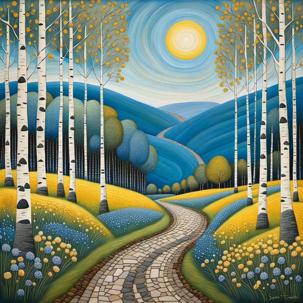 beautiful landscape of birch trees, a road paved with stones...