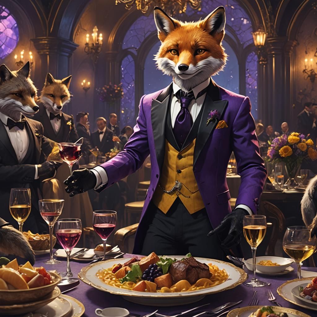 An anthropomorphic fox wearing a tuxedo at a dinner party. - AI ...