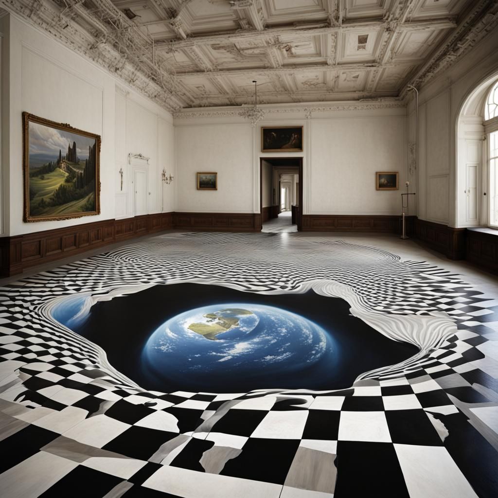 An astonishing anamorphic illusion painted on the floor.  by @Phantazia