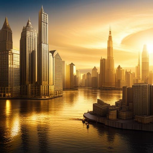 golden world, all the things and buildings are made of pure ...