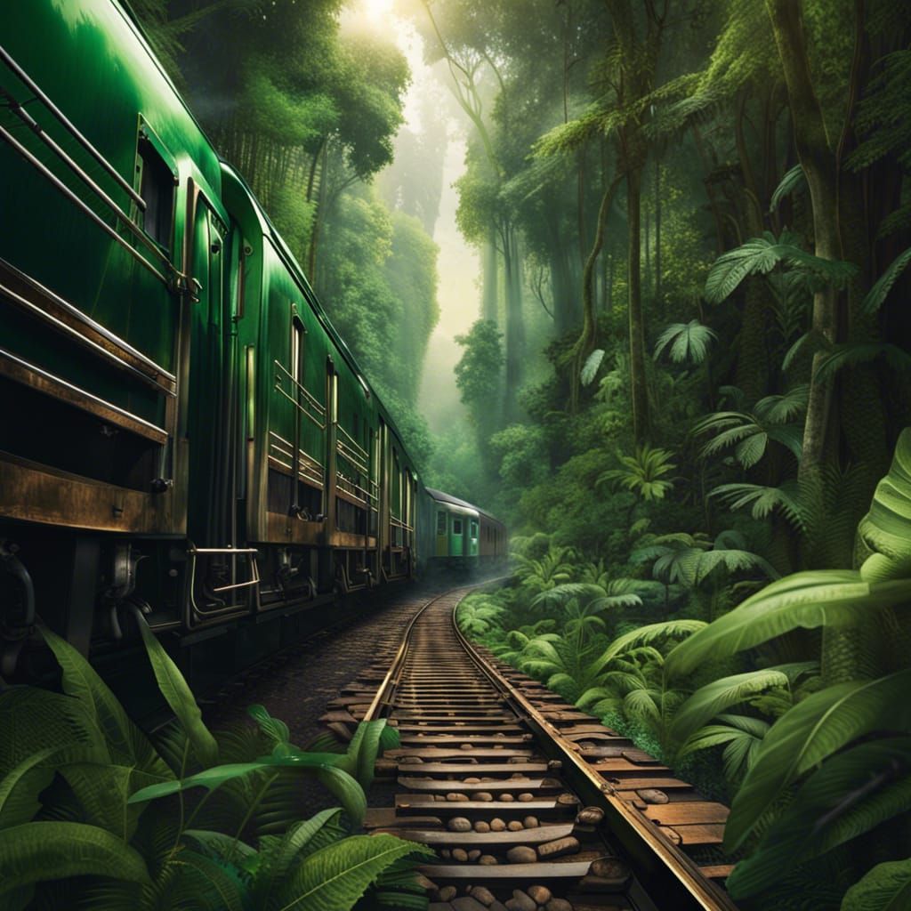 Train going through deep green forest AI Generated Artwork