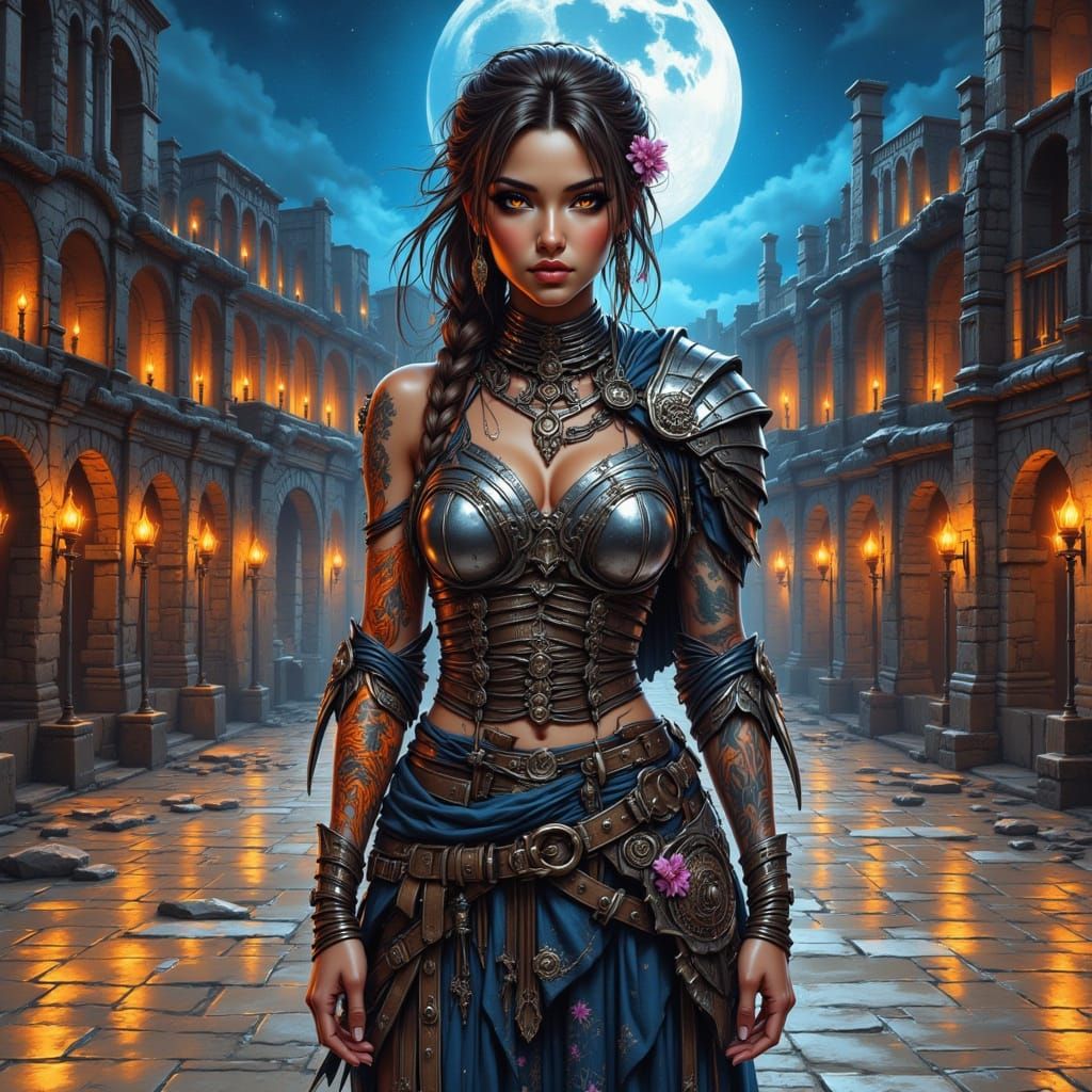 Warrior Woman in Blue Moonlight and Orange Torchlight