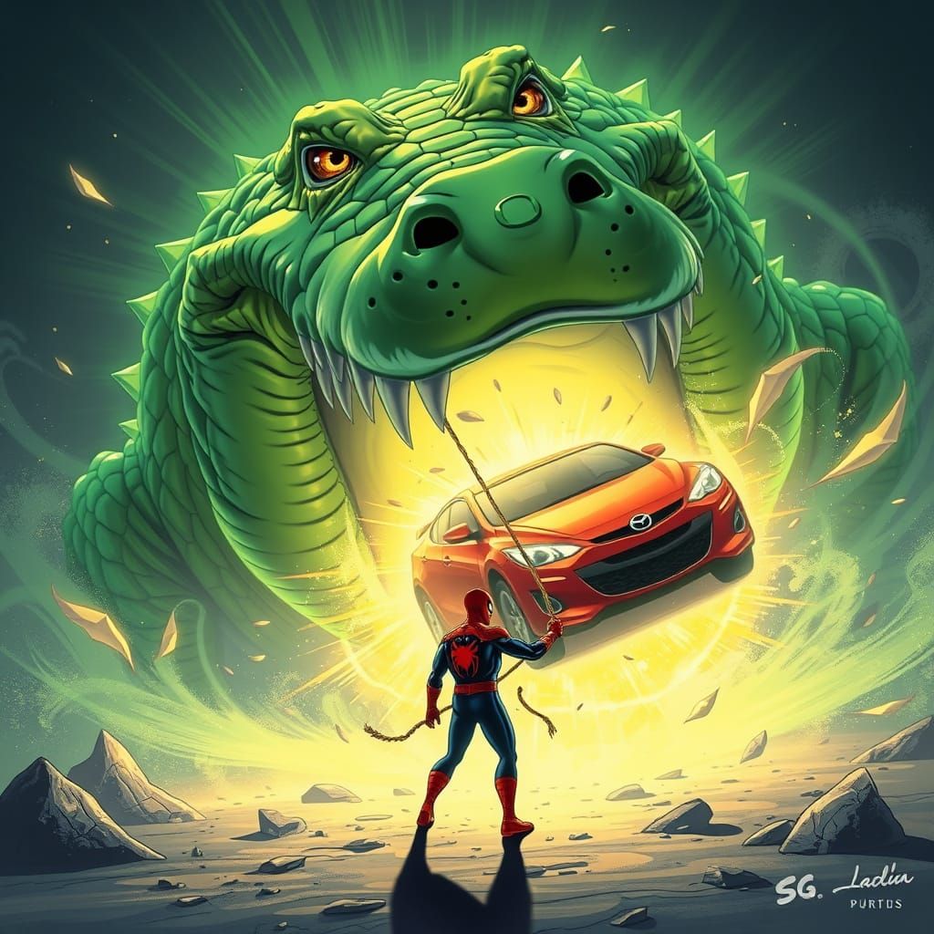 Ethereal Crocodile with Car and Spiderman, Comic-Book Style