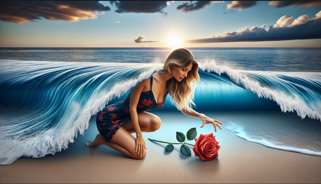 Beautiful woman finds a rose under the sea