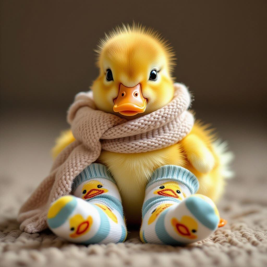 Cute Duckling in Socks and Scarf