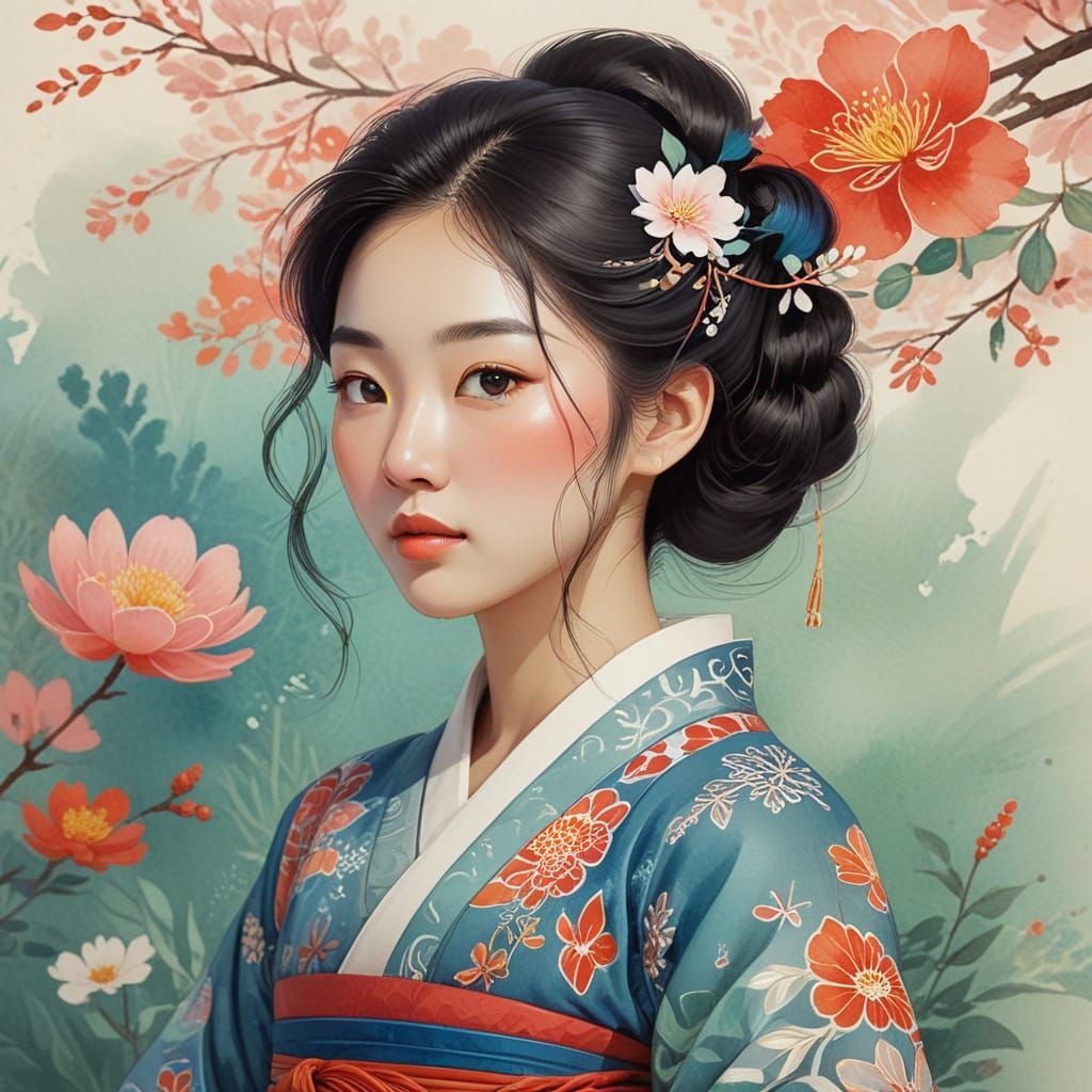 Serene Korean Beauty in Whimsical Watercolor