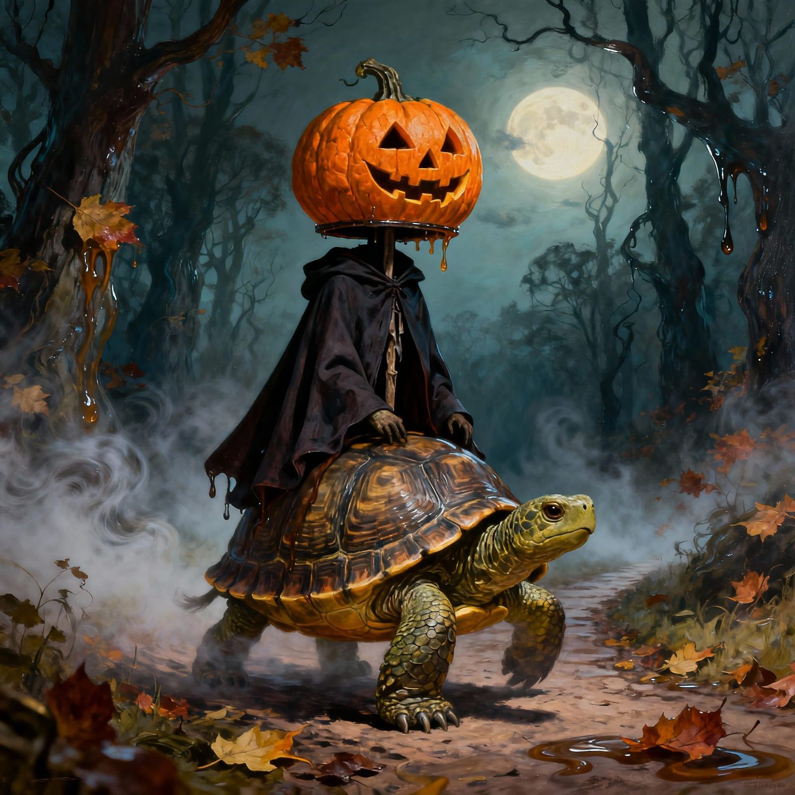 A turtle dressed as the Headless Horseman for Halloween, wearing a tiny dark cloak and a jack-o’-lantern ...  by @Zacharo
