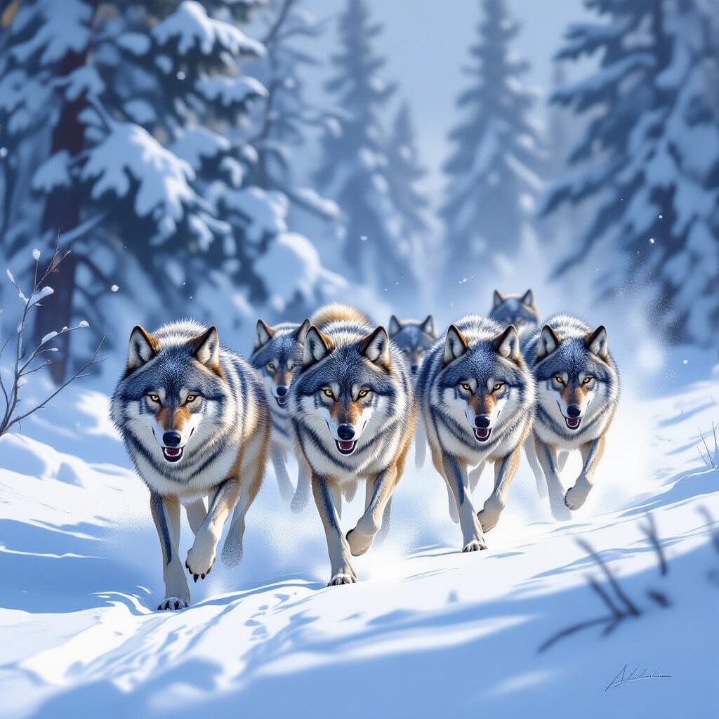 Wolves Chasing Prey in Snowy Yellowstone Landscape