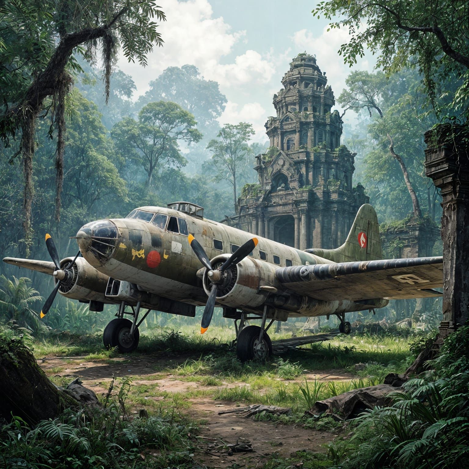 A vintage WWll bomber, heavily weathered and scarred, rests in a forgotten jungle clearing. Ancient, overgrown ruins of a lost civilization ...