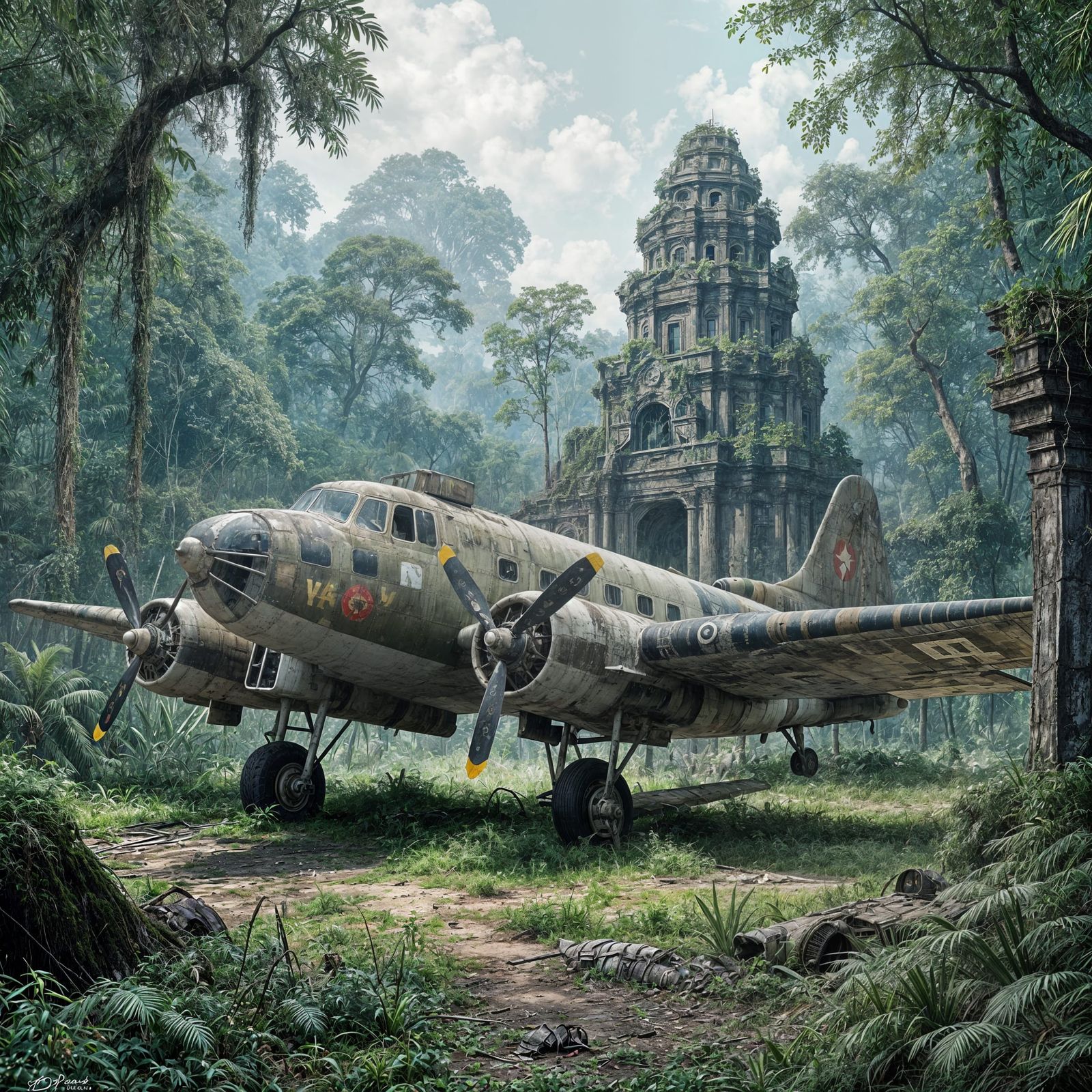 A vintage WWll bomber, heavily weathered and scarred, rests in a forgotten jungle clearing. Ancient, ...  by @Krispy