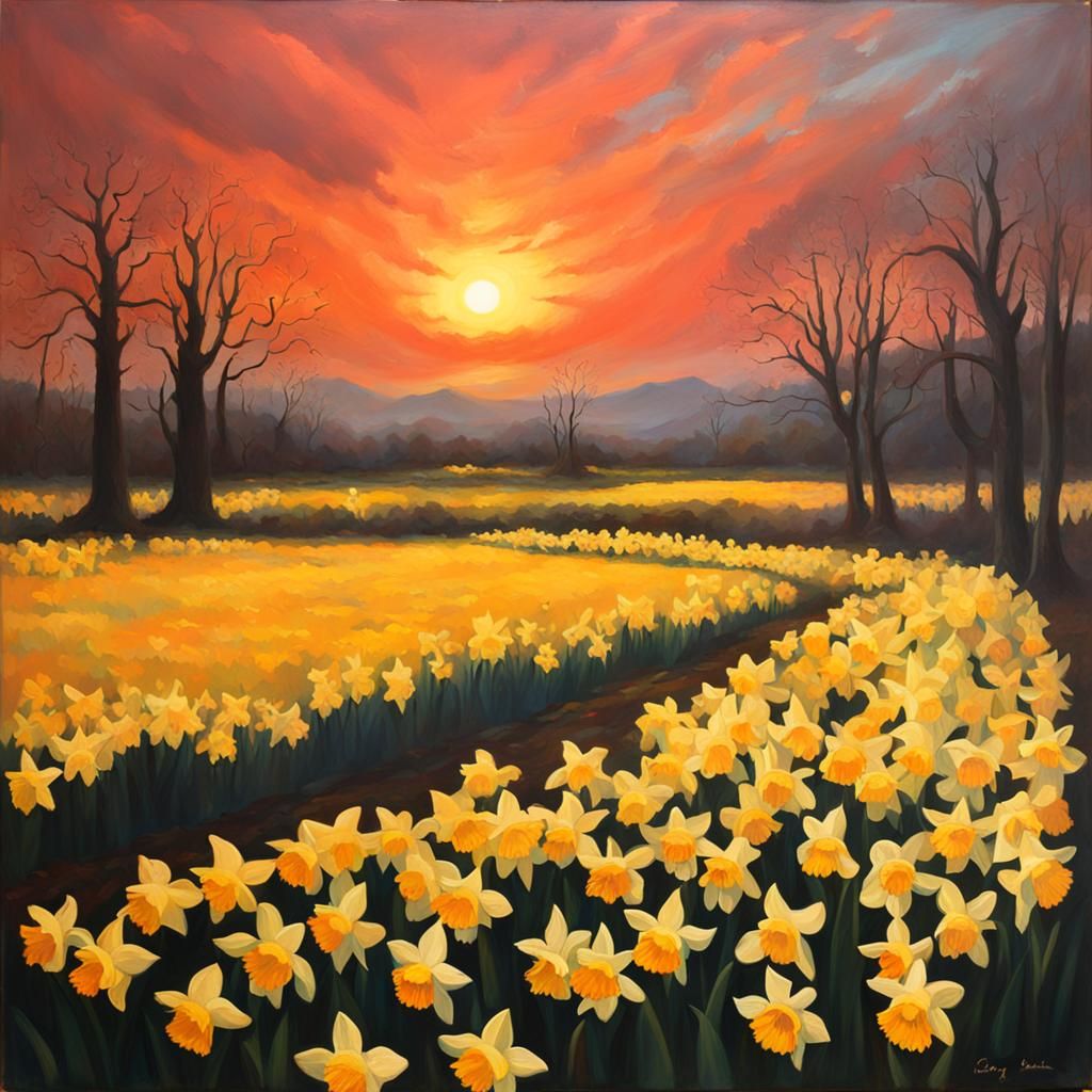 Sunrise over blooming daffodil field in the style of Gerald ...