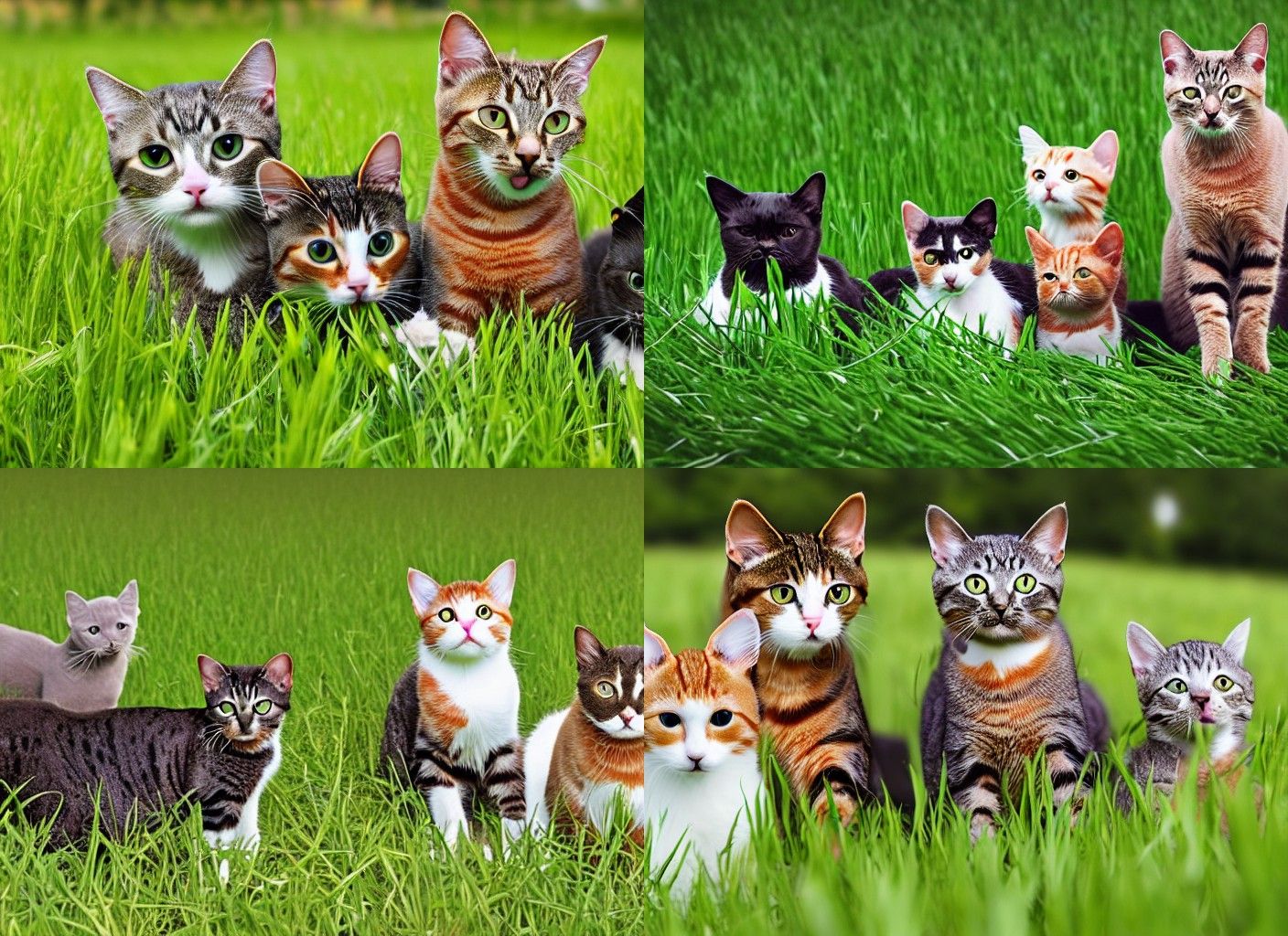 cat family in the grass field