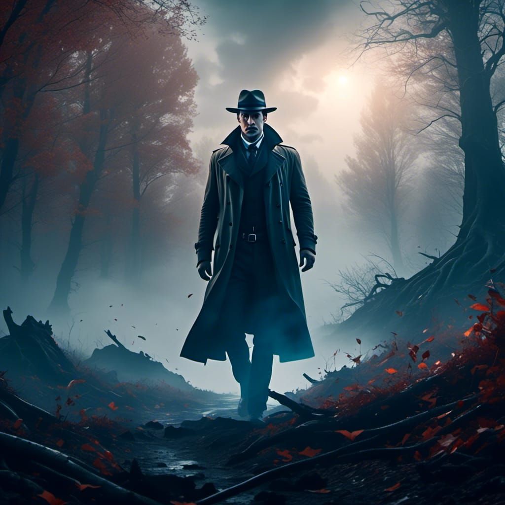  <lora:Transiosin:1.0> A detective in a trench coat, standing at the edge of a fog-covered forest