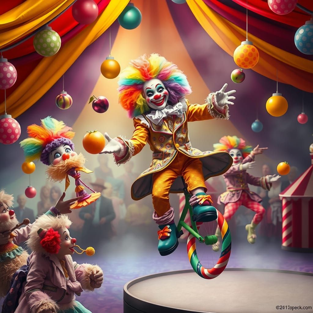 a whimsical circus where every element bursts with rainbow colors and playful absurdity. Picture clowns with polka-dotted rainbow wigs that...