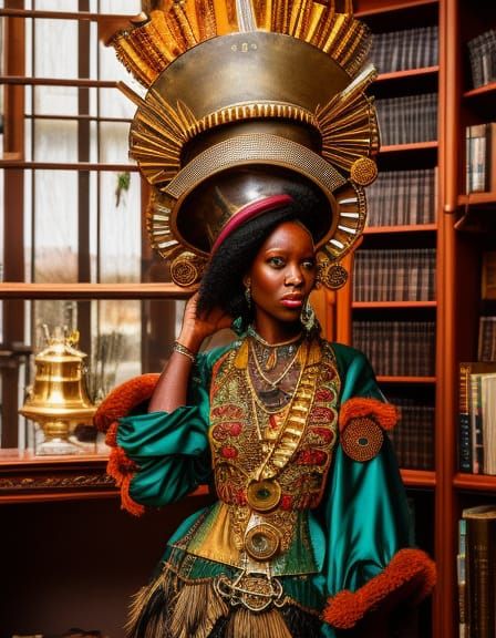 Janae, African Steampunk lady in library - AI Generated Artwork ...