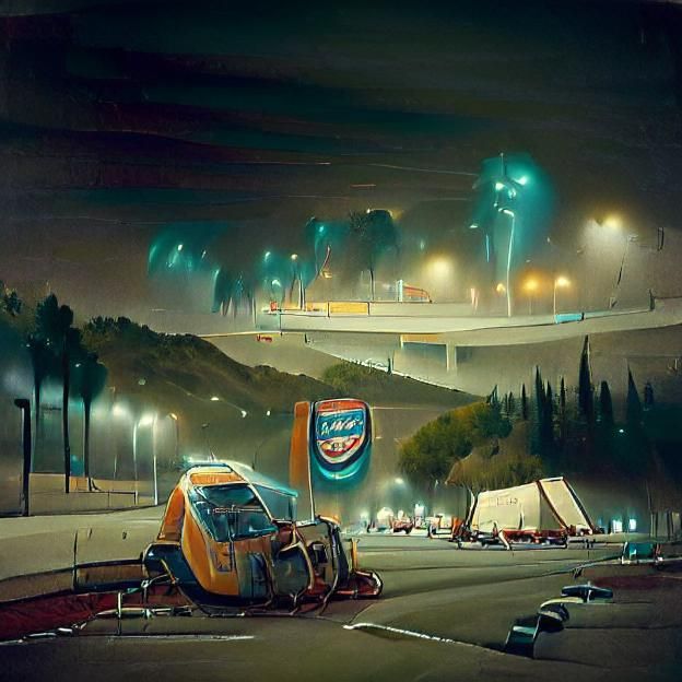 Los Angeles freeway at night, simon stålenhag